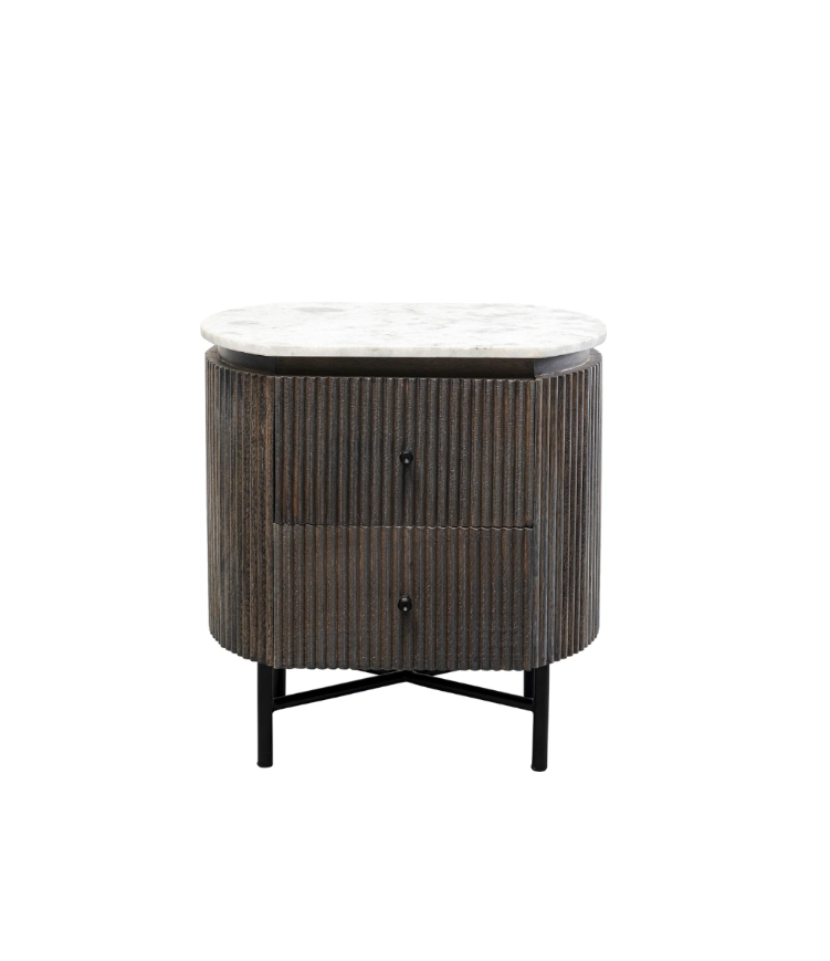 SZAFKA NOCNA Glenn z szufladami, metalowe nogi, ryflowany korpus, biały marmurowy blat, nowoczesny styl