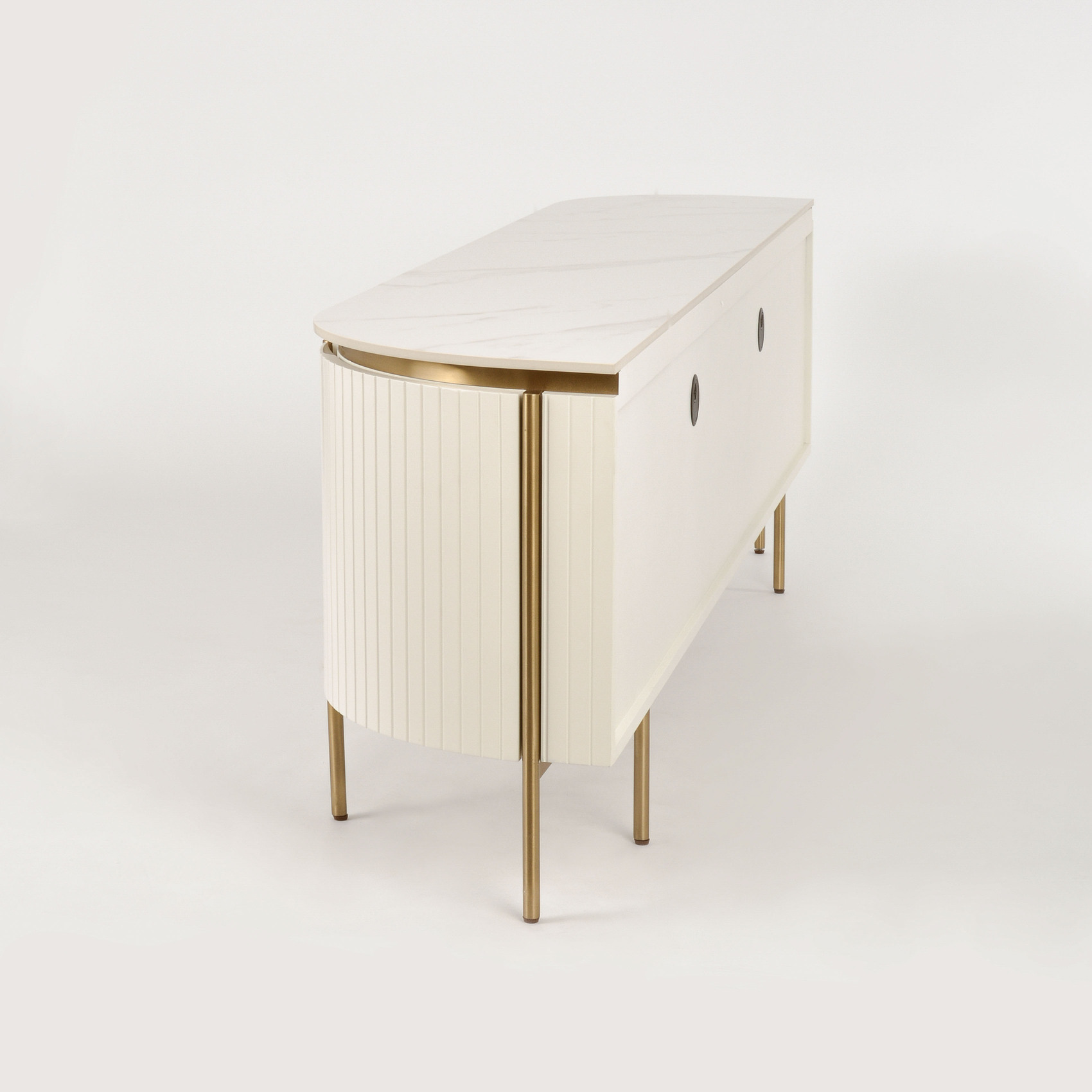 SZAFKA RTV w kolorze ecru z białymi, metalowymi dodatkami, blat z marmuru syntetycznego, ryflowane boki, nowoczesny glamour, najwyższa jakość SZAFKA RTV w kolorze ecru z białymi, metalowymi dodatkami, blat z marmuru syntetycznego, ryflowane boki, nowoczesny glamour, najwyższa jakość