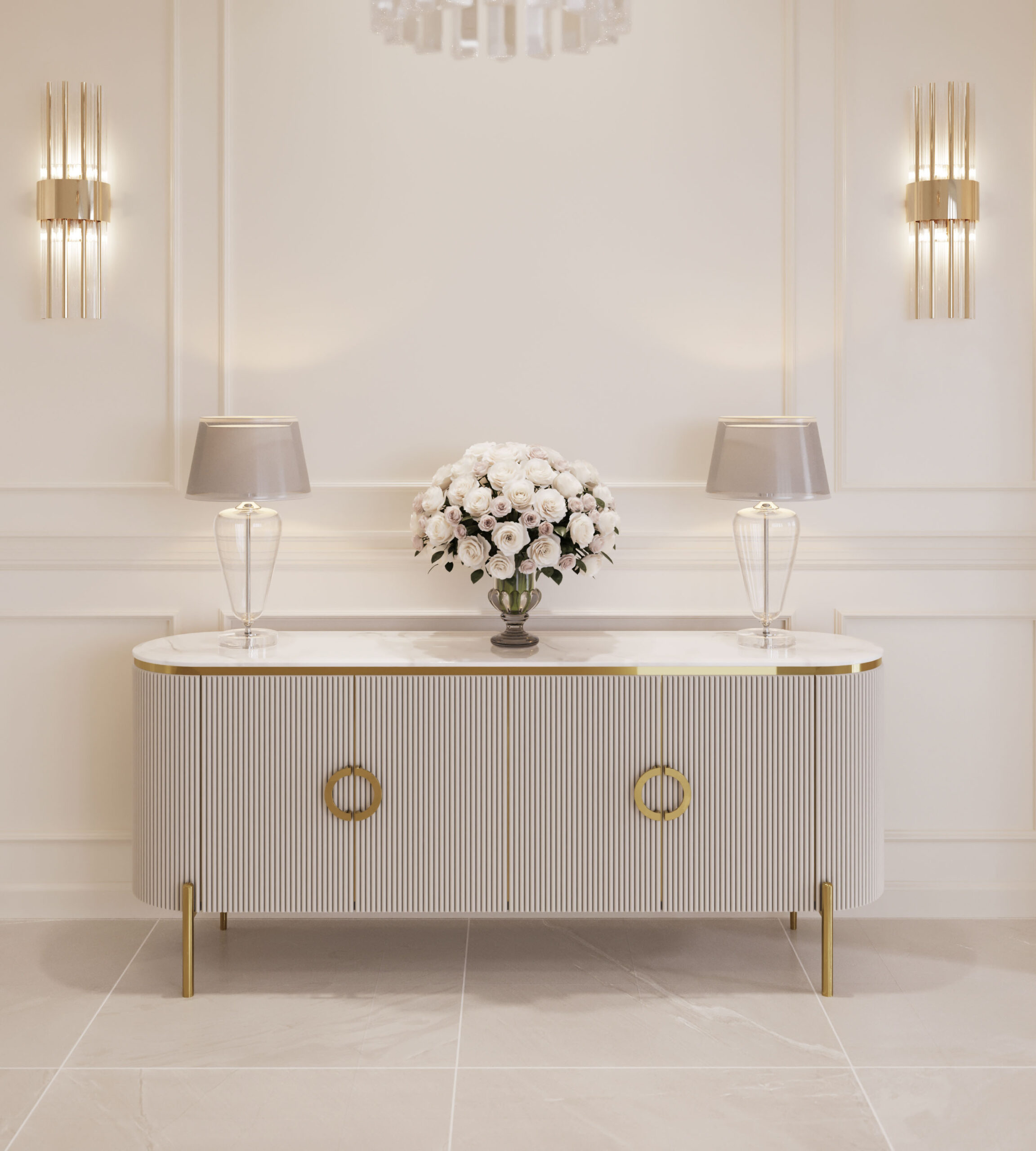 KOMODA Anne Cashmir, ryflowany korpus w kaszmirowym kolorze, czterodrzwiowa, blat z konglomeratu marmurowego, złote dodatki, piękna