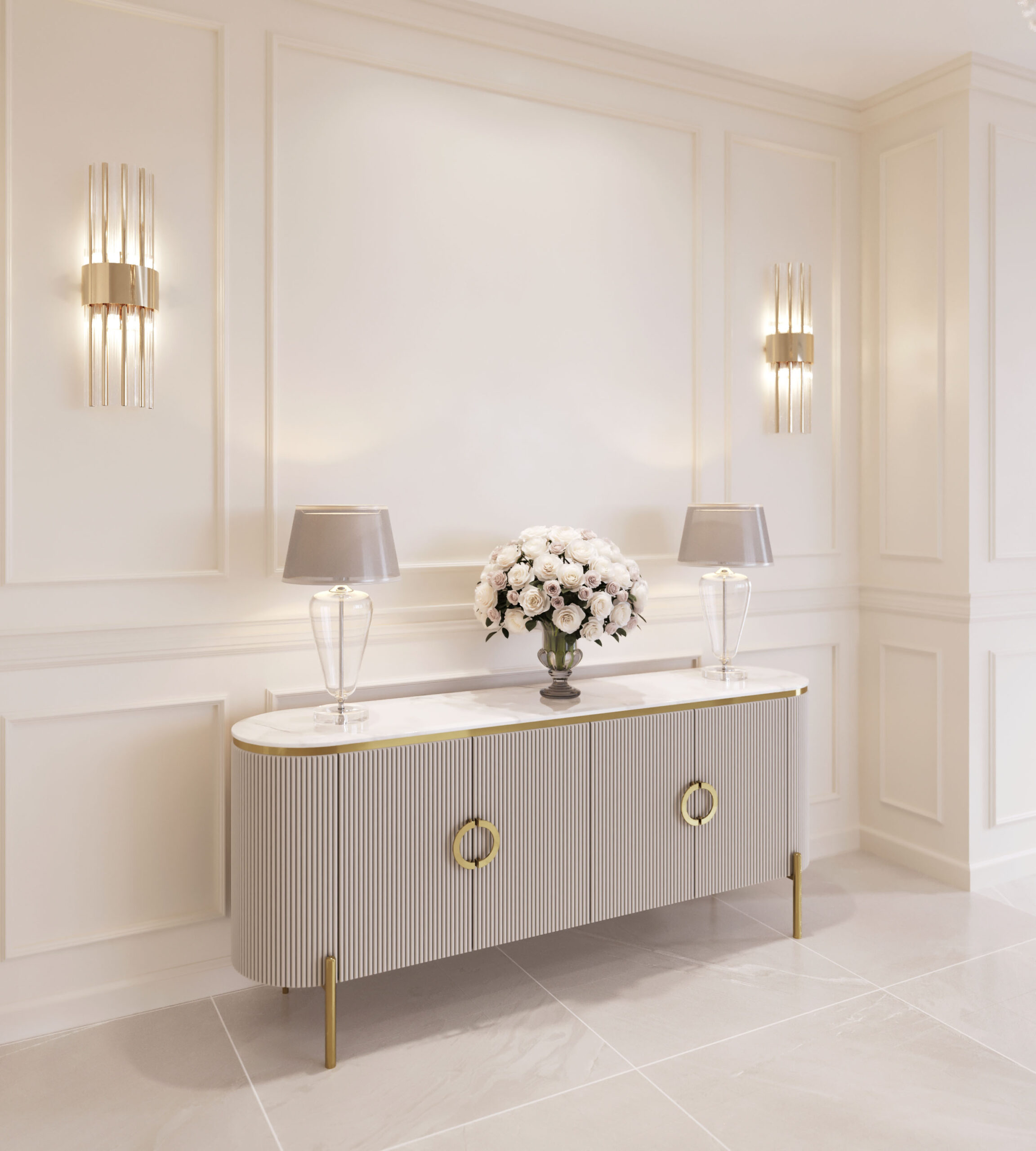 KOMODA Anne Cashmir, ryflowany korpus w kaszmirowym kolorze, czterodrzwiowa, blat z konglomeratu marmurowego, złote dodatki