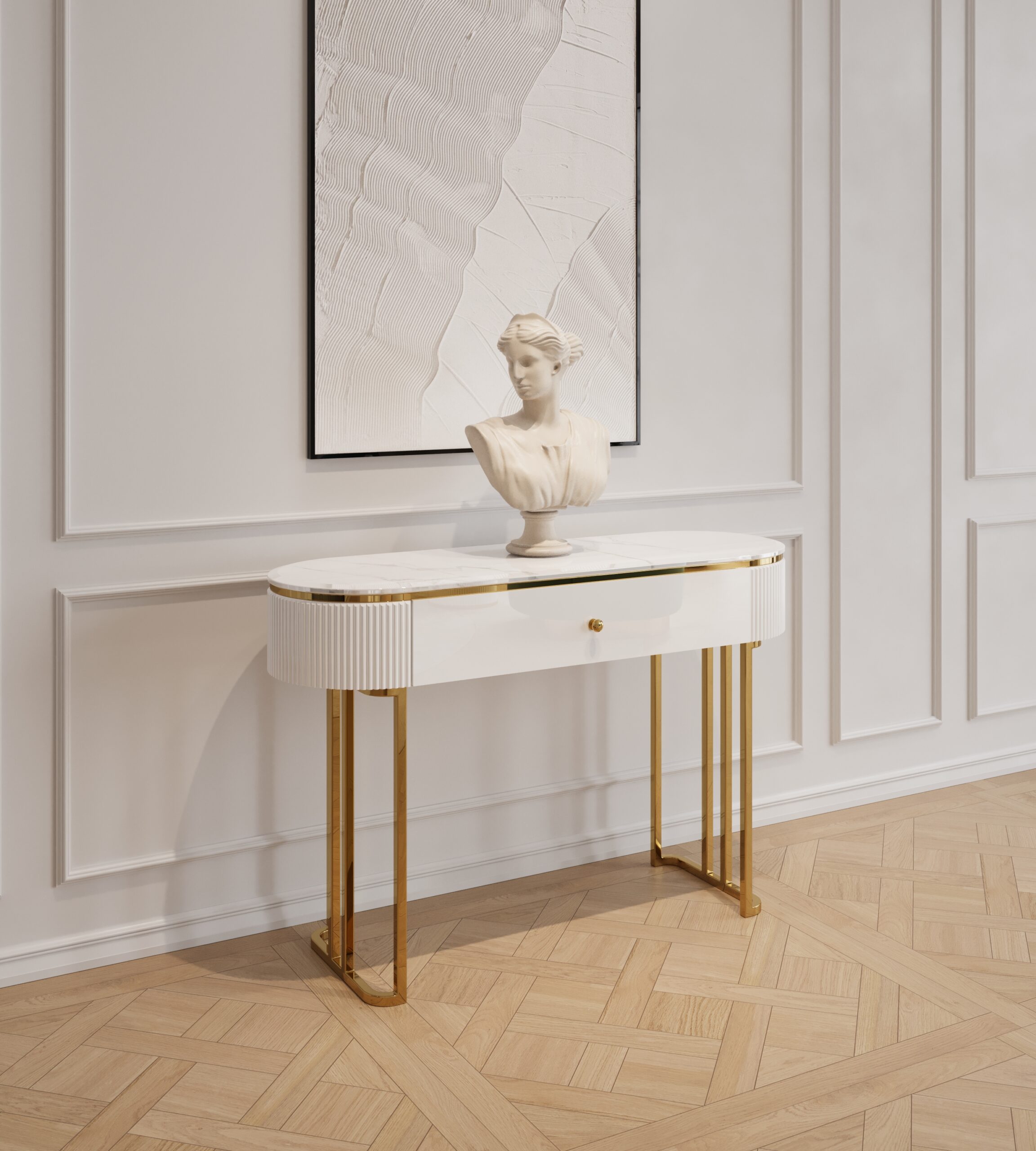 KONSOLA Anne na złotych błyszczących nogach, bialy korpus z ryflowaniem po bokach i praktyczną szufladą, złote detale, ekskluzywna KONSOLA Anne na złotych błyszczących nogach, bialy korpus z ryflowaniem po bokach i praktyczną szufladą, złote detale, ekskluzywna