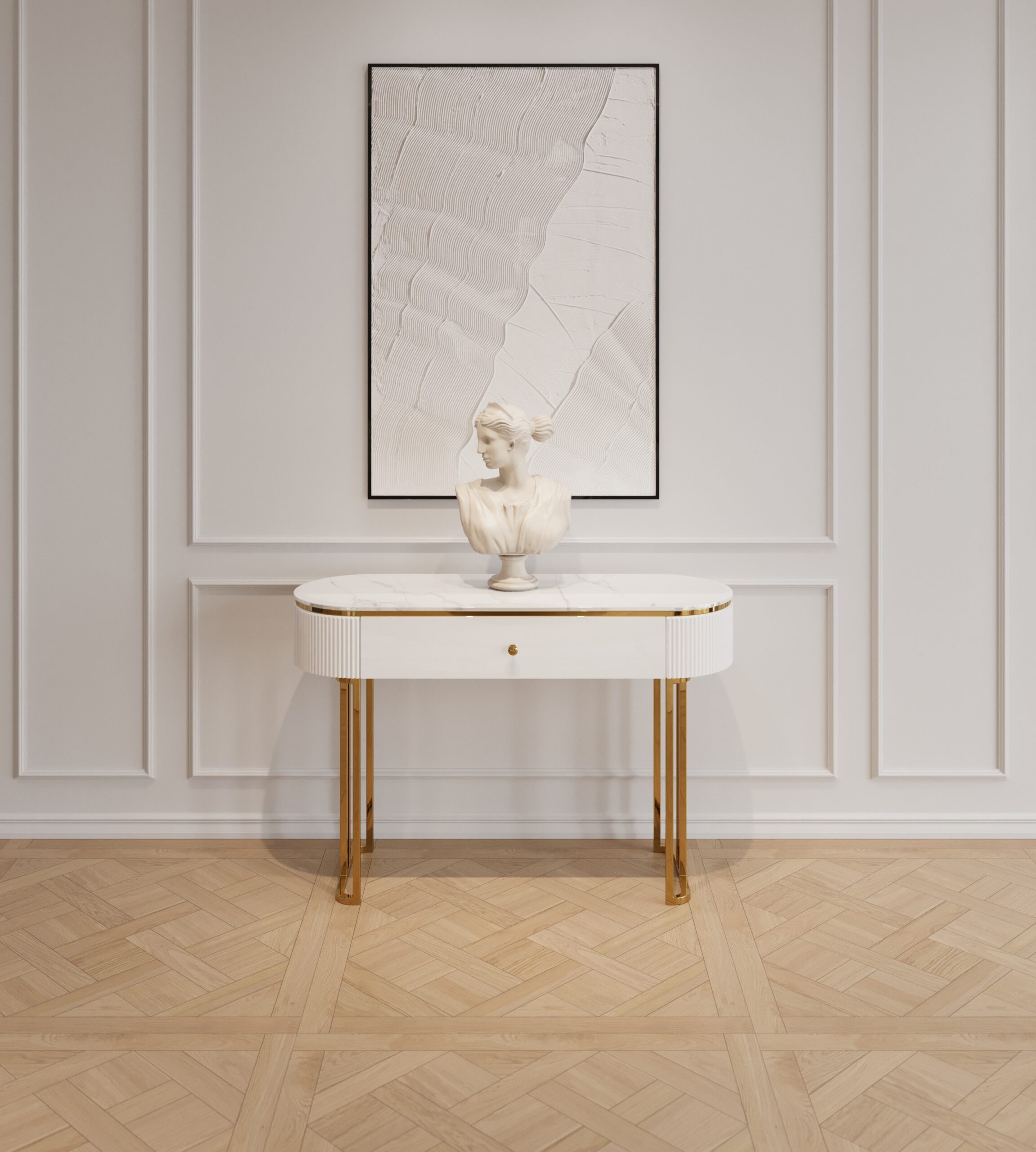 KONSOLA Anne na złotych błyszczących nogach, bialy korpus z ryflowaniem po bokach i praktyczną szufladą, złote detale, piękna KONSOLA Anne na złotych błyszczących nogach, bialy korpus z ryflowaniem po bokach i praktyczną szufladą, złote detale, piękna