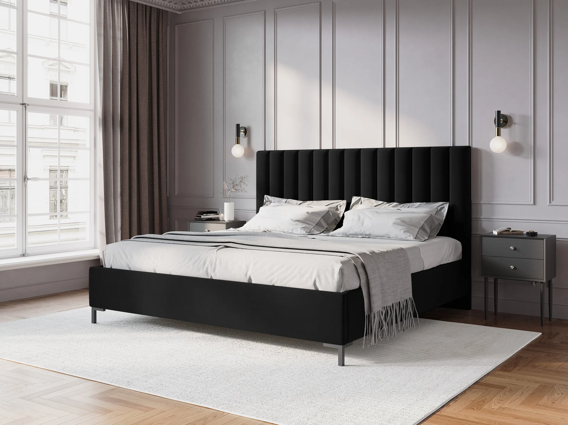 ŁÓŻKO Allison tapicerowane, plisowany zagłówek, prosta rama, czarna tkanina, nowoczesny styl, do sypialni ŁÓŻKO Allison tapicerowane, plisowany zagłówek, prosta rama, czarna tkanina, nowoczesny styl, do sypialni
