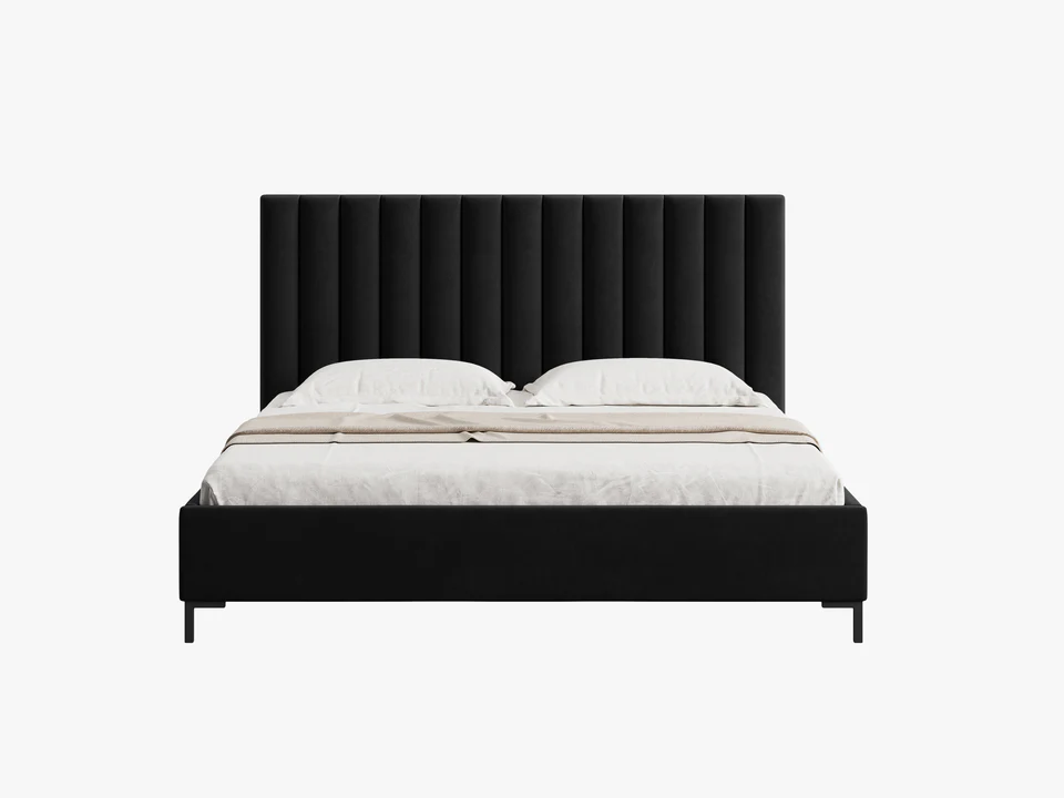 ŁÓŻKO Allison tapicerowane, plisowany zagłówek, prosta rama, czarna tkanina, nowoczesny styl, piękne ŁÓŻKO Allison tapicerowane, plisowany zagłówek, prosta rama, czarna tkanina, nowoczesny styl, piękne