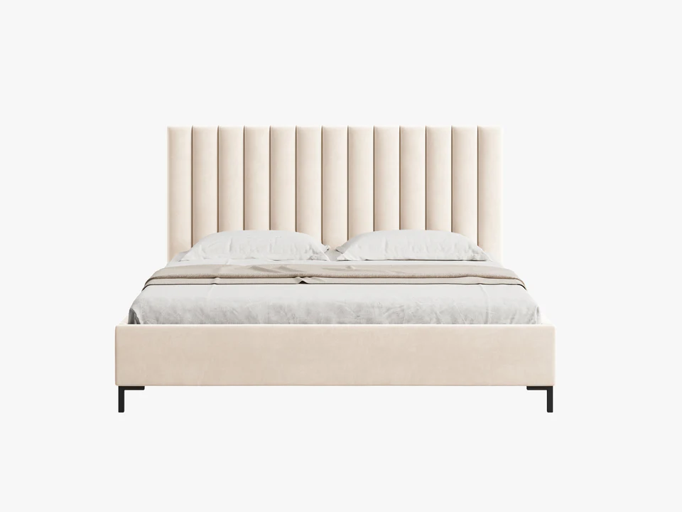 ŁÓŻKO Allison tapicerowane, plisowany zagłówek, prosta rama, jasnobeżowa tkanina, nowoczesny styl, piękne ŁÓŻKO Allison tapicerowane, plisowany zagłówek, prosta rama, jasnobeżowa tkanina, nowoczesny styl, piękne