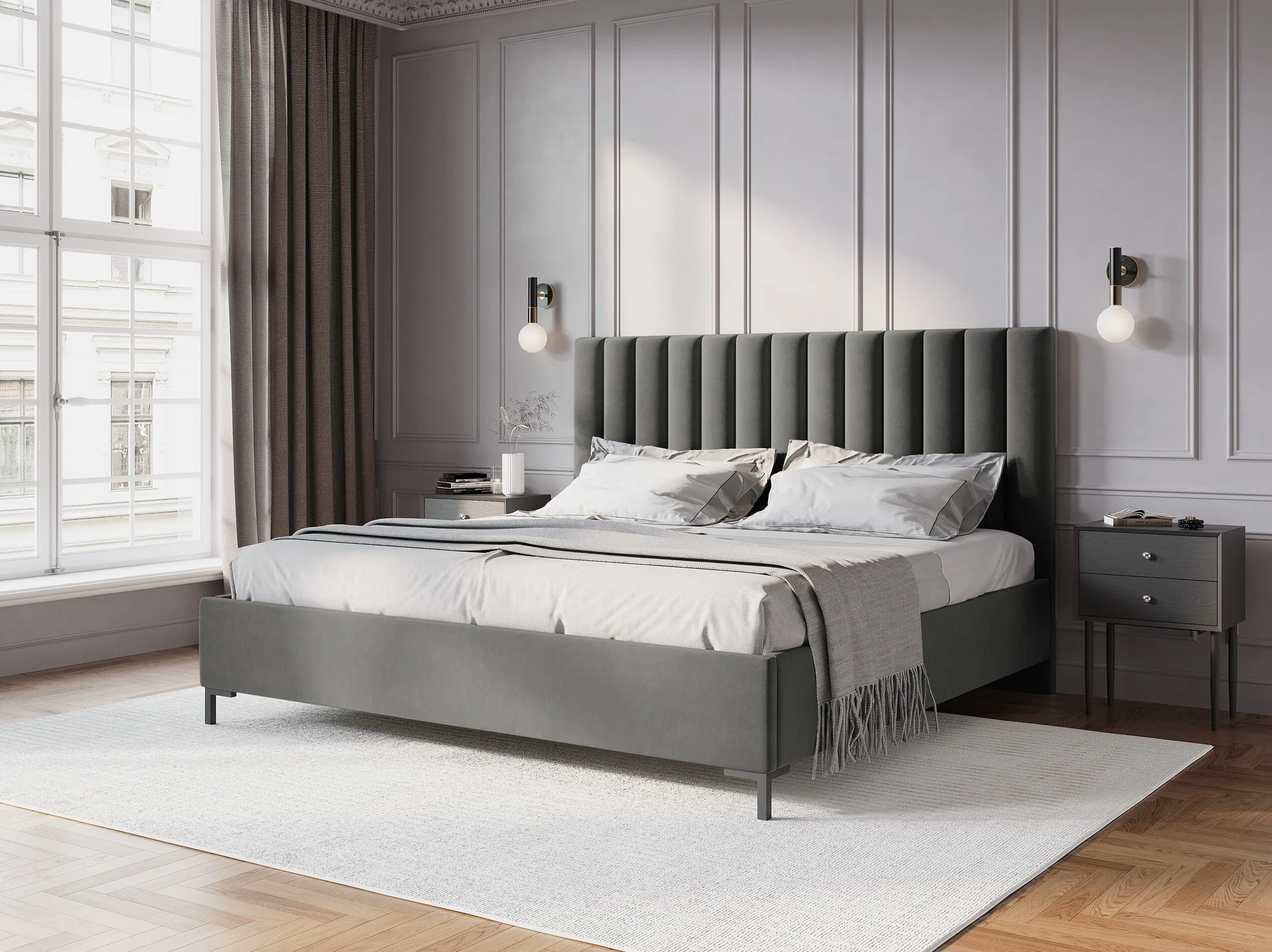 ŁÓŻKO Allison tapicerowane, plisowany zagłówek, prosta rama, jasnoszara tkanina, nowoczesny styl, do sypialni ŁÓŻKO Allison tapicerowane, plisowany zagłówek, prosta rama, jasnoszara tkanina, nowoczesny styl, do sypialni