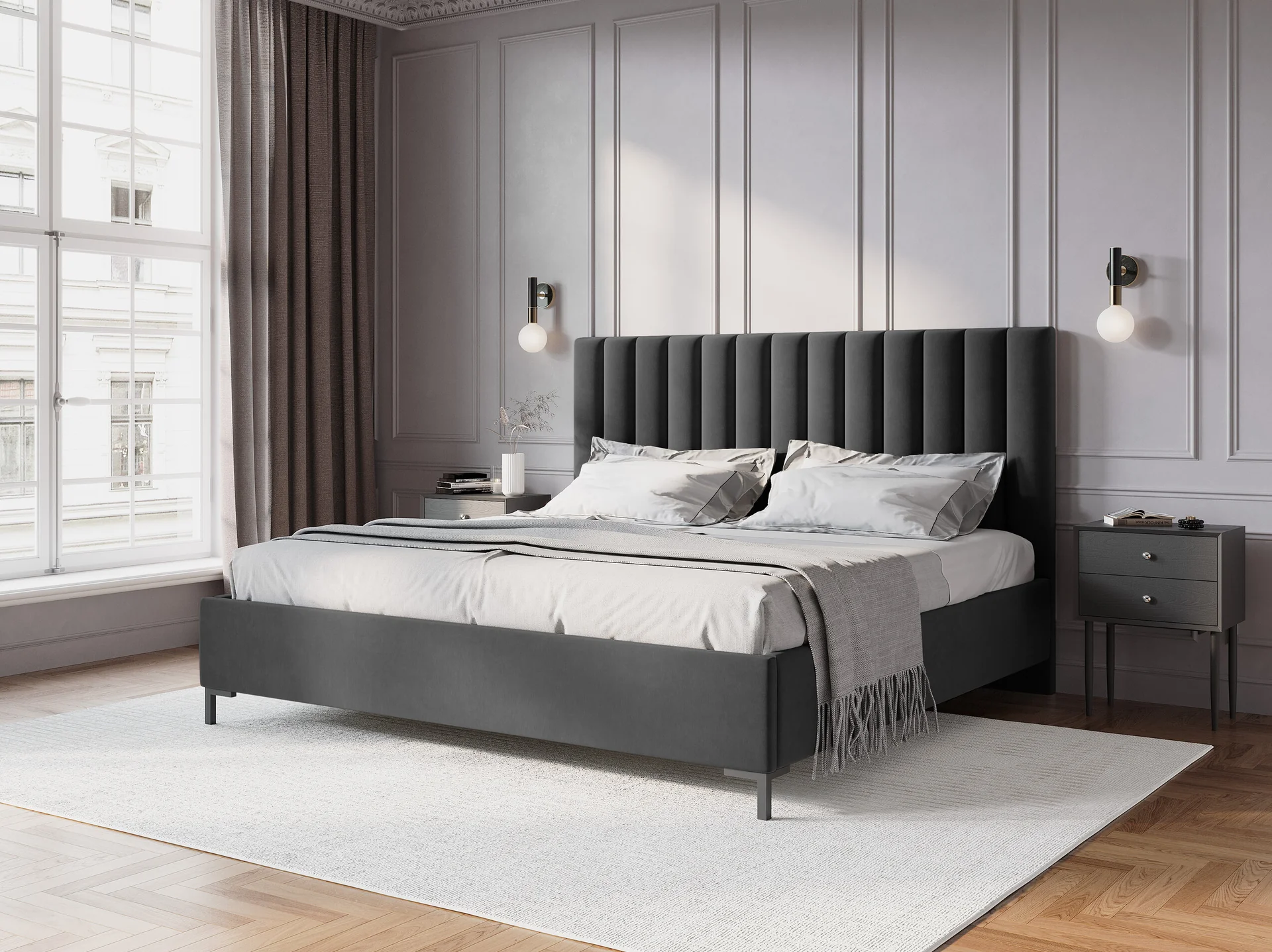 ŁÓŻKO Allison tapicerowane, plisowany zagłówek, prosta rama, szara tkanina, nowoczesny styl, do sypialni ŁÓŻKO Allison tapicerowane, plisowany zagłówek, prosta rama, szara tkanina, nowoczesny styl, do sypialni