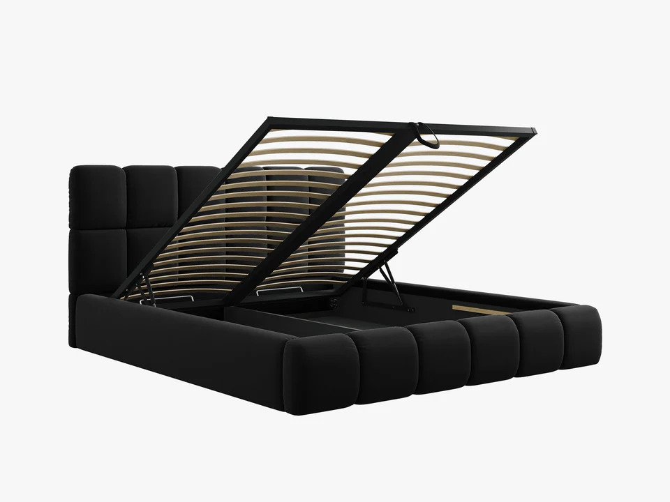 ŁÓŻKO Bellis tapicerowane, czarne, elegancko przeszywane wezgłowie, pojemnik na pościel, nowoczesny styl, pojemne ŁÓŻKO Bellis tapicerowane, czarne, elegancko przeszywane wezgłowie, pojemnik na pościel, nowoczesny styl, pojemne