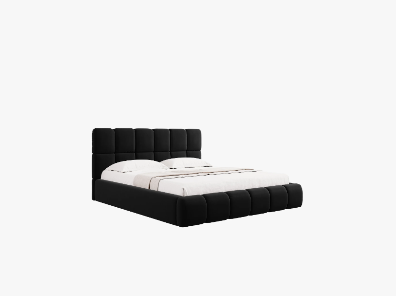 ŁÓŻKO Bellis tapicerowane, czarne, elegancko przeszywane wezgłowie, pojemnik na pościel, nowoczesny styl ŁÓŻKO Bellis tapicerowane, czarne, elegancko przeszywane wezgłowie, pojemnik na pościel, nowoczesny styl