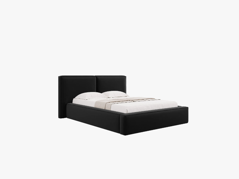 ŁÓŻKO Jodie tapicerowane z miękkim wezgłowiem, czarne, pojemnik na pościel, nowoczesny styl ŁÓŻKO Jodie tapicerowane z miękkim wezgłowiem, czarne, pojemnik na pościel, nowoczesny styl