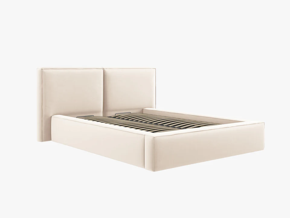 ŁÓŻKO Jodie tapicerowane z miękkim wezgłowiem, jasnobeżowe, pojemnik na pościel, nowoczesny styl, ekskluzywne ŁÓŻKO Jodie tapicerowane z miękkim wezgłowiem, jasnobeżowe, pojemnik na pościel, nowoczesny styl, ekskluzywne