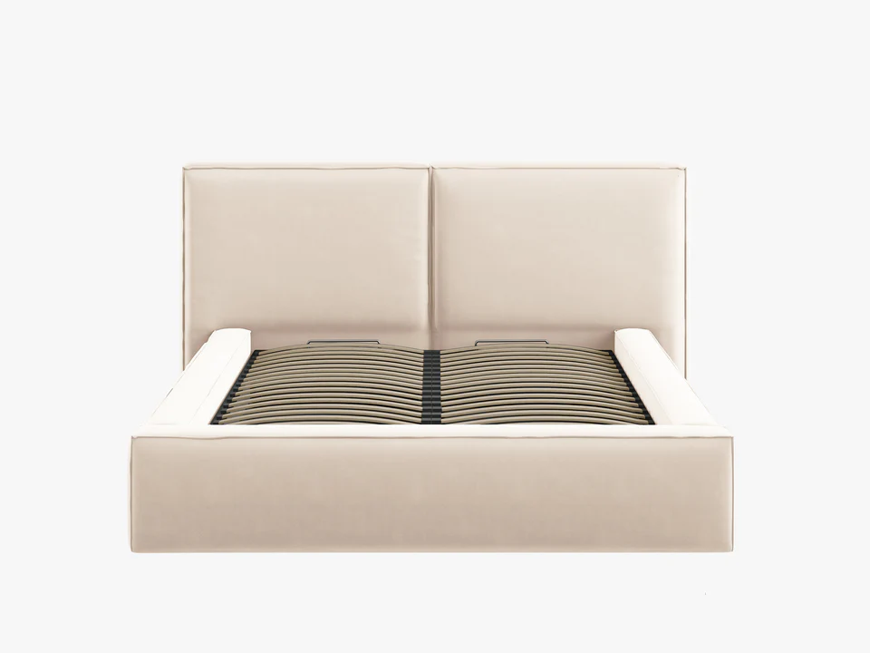 ŁÓŻKO Jodie tapicerowane z miękkim wezgłowiem, jasnobeżowe, pojemnik na pościel, nowoczesny styl, piękne ŁÓŻKO Jodie tapicerowane z miękkim wezgłowiem, jasnobeżowe, pojemnik na pościel, nowoczesny styl, piękne
