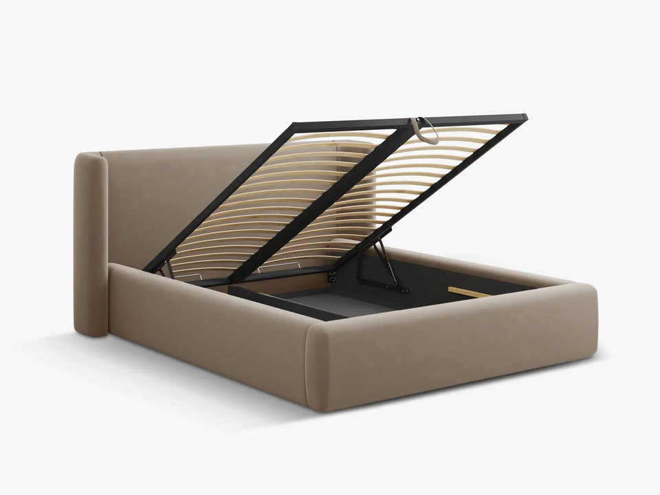 ŁÓŻKO Jolene tapicerowane, z załamanym wezgłowiem i pojemnikiem na pościel, cappuccino, proste linie, nowoczesny styl, premium ŁÓŻKO Jolene tapicerowane, z załamanym wezgłowiem i pojemnikiem na pościel, cappuccino, proste linie, nowoczesny styl, premium