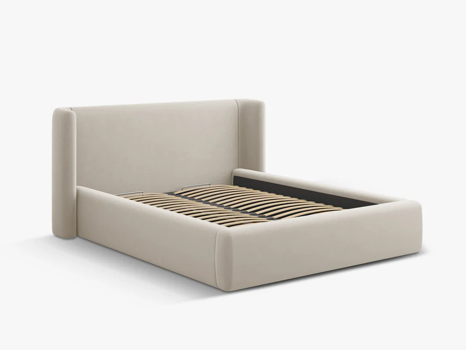 ŁÓŻKO Jolene tapicerowane, z załamanym wezgłowiem i pojemnikiem na pościel, ciemnobeżowe, proste linie, nowoczesny styl, ekskluzywne ŁÓŻKO Jolene tapicerowane, z załamanym wezgłowiem i pojemnikiem na pościel, ciemnobeżowe, proste linie, nowoczesny styl, ekskluzywne