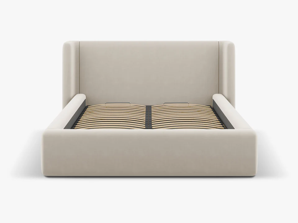 ŁÓŻKO Jolene tapicerowane, z załamanym wezgłowiem i pojemnikiem na pościel, ciemnobeżowe, proste linie, nowoczesny styl, piękne ŁÓŻKO Jolene tapicerowane, z załamanym wezgłowiem i pojemnikiem na pościel, ciemnobeżowe, proste linie, nowoczesny styl, piękne