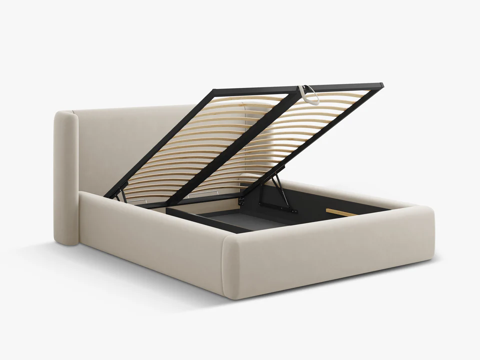 ŁÓŻKO Jolene tapicerowane, z załamanym wezgłowiem i pojemnikiem na pościel, ciemnobeżowe, proste linie, nowoczesny styl, premium ŁÓŻKO Jolene tapicerowane, z załamanym wezgłowiem i pojemnikiem na pościel, ciemnobeżowe, proste linie, nowoczesny styl, premium