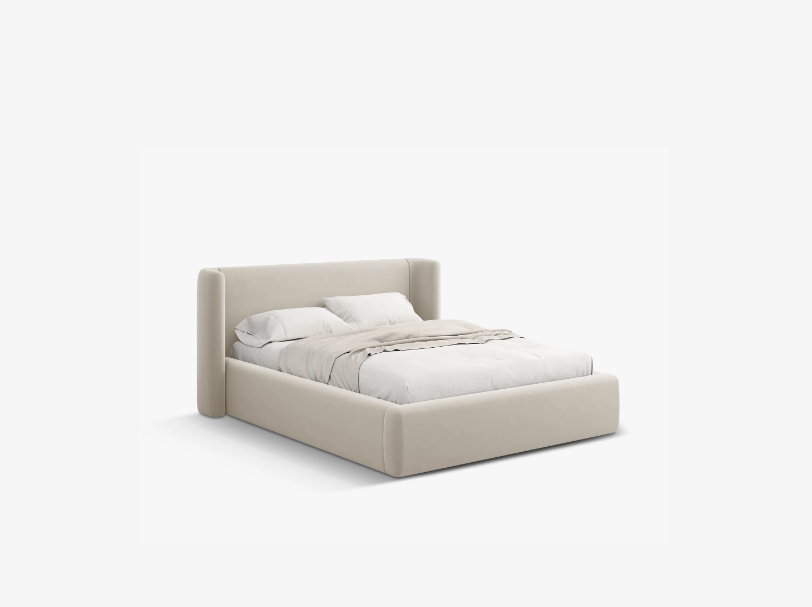 ŁÓŻKO Jolene tapicerowane, z załamanym wezgłowiem i pojemnikiem na pościel, ciemnobeżowe, proste linie, nowoczesny styl ŁÓŻKO Jolene tapicerowane, z załamanym wezgłowiem i pojemnikiem na pościel, ciemnobeżowe, proste linie, nowoczesny styl