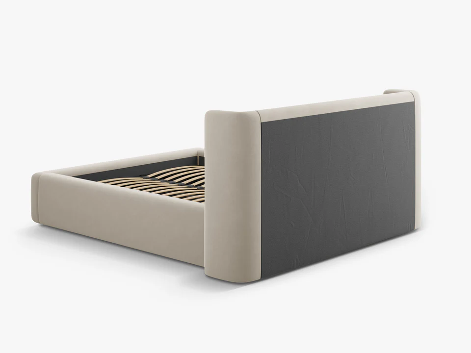 ŁÓŻKO Jolene tapicerowane, z załamanym wezgłowiem i pojemnikiem na pościel, ciemnobeżowe, proste linie, nowoczesny styl, wyjątkowe ŁÓŻKO Jolene tapicerowane, z załamanym wezgłowiem i pojemnikiem na pościel, ciemnobeżowe, proste linie, nowoczesny styl, wyjątkowe