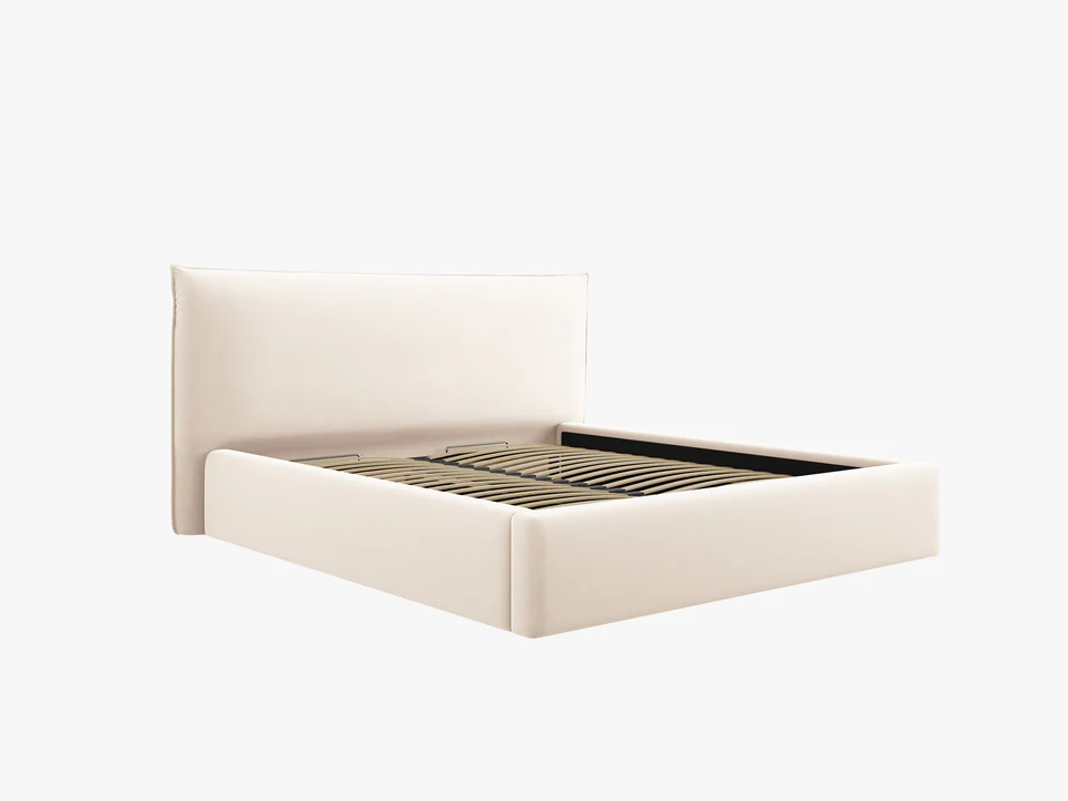 ŁÓŻKO Kaelle tapicerowane, z miękkim wezgłowiem i pojemnikiem na pościel, jasnobeżowa tapicerka, nowoczesny styl, piękne ŁÓŻKO Kaelle tapicerowane, z miękkim wezgłowiem i pojemnikiem na pościel, jasnobeżowa tapicerka, nowoczesny styl, piękne