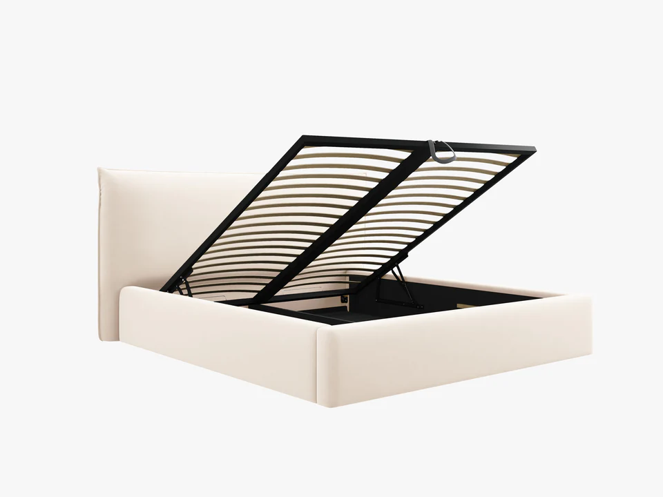 ŁÓŻKO Kaelle tapicerowane, z miękkim wezgłowiem i pojemnikiem na pościel, jasnobeżowa tapicerka, nowoczesny styl, premium ŁÓŻKO Kaelle tapicerowane, z miękkim wezgłowiem i pojemnikiem na pościel, jasnobeżowa tapicerka, nowoczesny styl, premium