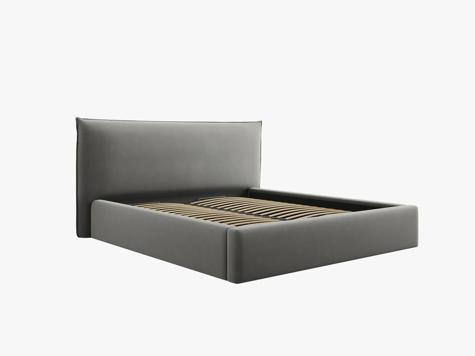 ŁÓŻKO Kaelle tapicerowane, z miękkim wezgłowiem i pojemnikiem na pościel, jasnoszara tapicerka, nowoczesny styl, piękne ŁÓŻKO Kaelle tapicerowane, z miękkim wezgłowiem i pojemnikiem na pościel, jasnoszara tapicerka, nowoczesny styl, piękne