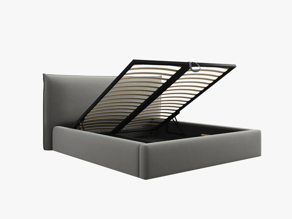 ŁÓŻKO Kaelle tapicerowane, z miękkim wezgłowiem i pojemnikiem na pościel, jasnoszara tapicerka, nowoczesny styl, premium ŁÓŻKO Kaelle tapicerowane, z miękkim wezgłowiem i pojemnikiem na pościel, jasnoszara tapicerka, nowoczesny styl, premium