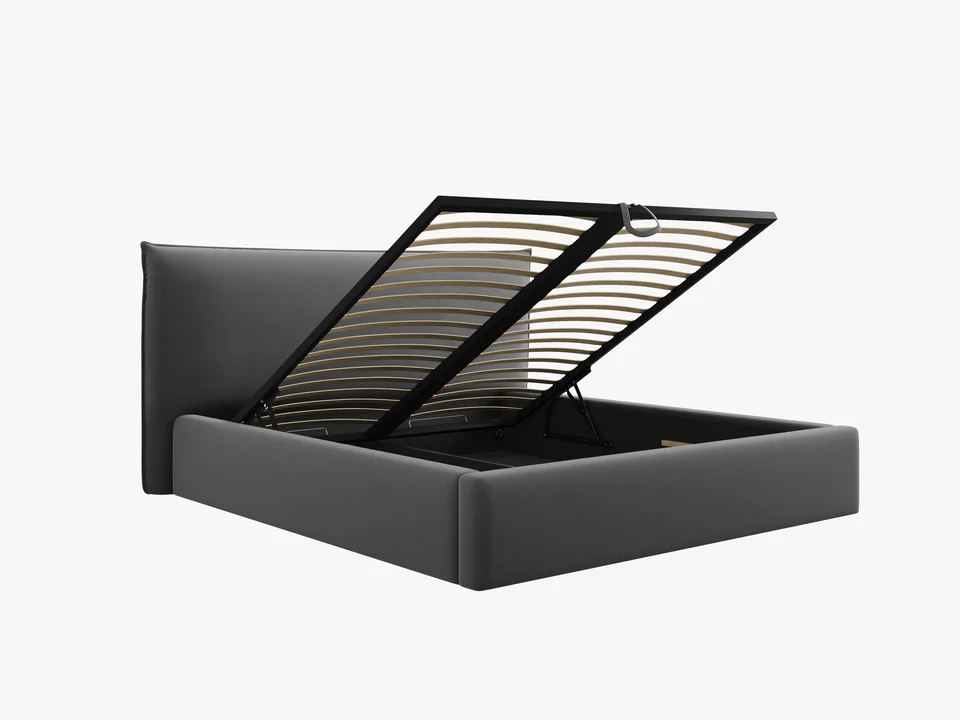 ŁÓŻKO Kaelle tapicerowane, z miękkim wezgłowiem i pojemnikiem na pościel, szara tapicerka, nowoczesny styl, wyjątkowe ŁÓŻKO Kaelle tapicerowane, z miękkim wezgłowiem i pojemnikiem na pościel, szara tapicerka, nowoczesny styl, wyjątkowe