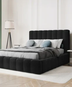 ŁÓŻKO Kelp tapicerowane, pionowe przeszycia, falista krawędź, czarna tkanina, designerski styl, do sypialni