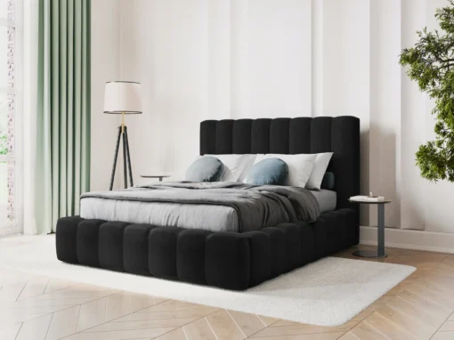 ŁÓŻKO Kelp tapicerowane, pionowe przeszycia, falista krawędź, czarna tkanina, designerski styl, do sypialni