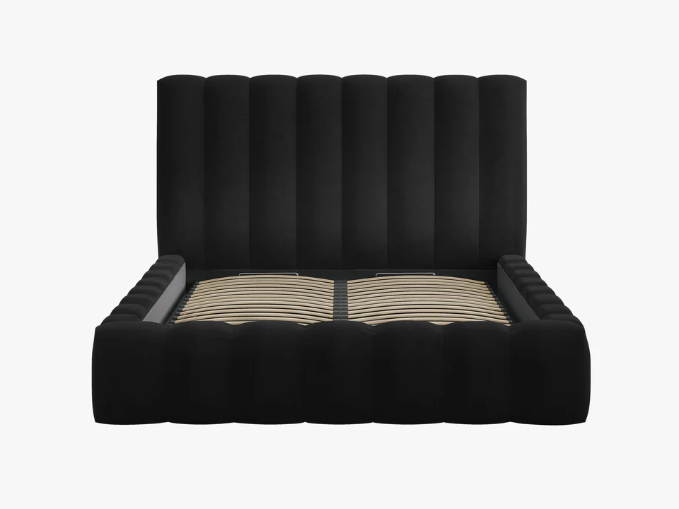 ŁÓŻKO Kelp tapicerowane, pionowe przeszycia, falista krawędź, czarna tkanina, designerski styl, ekskluzywne ŁÓŻKO Kelp tapicerowane, pionowe przeszycia, falista krawędź, czarna tkanina, designerski styl, ekskluzywne