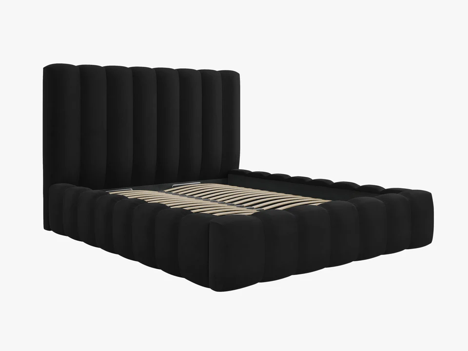 ŁÓŻKO Kelp tapicerowane, pionowe przeszycia, falista krawędź, czarna tkanina, designerski styl, piękne ŁÓŻKO Kelp tapicerowane, pionowe przeszycia, falista krawędź, czarna tkanina, designerski styl, piękne