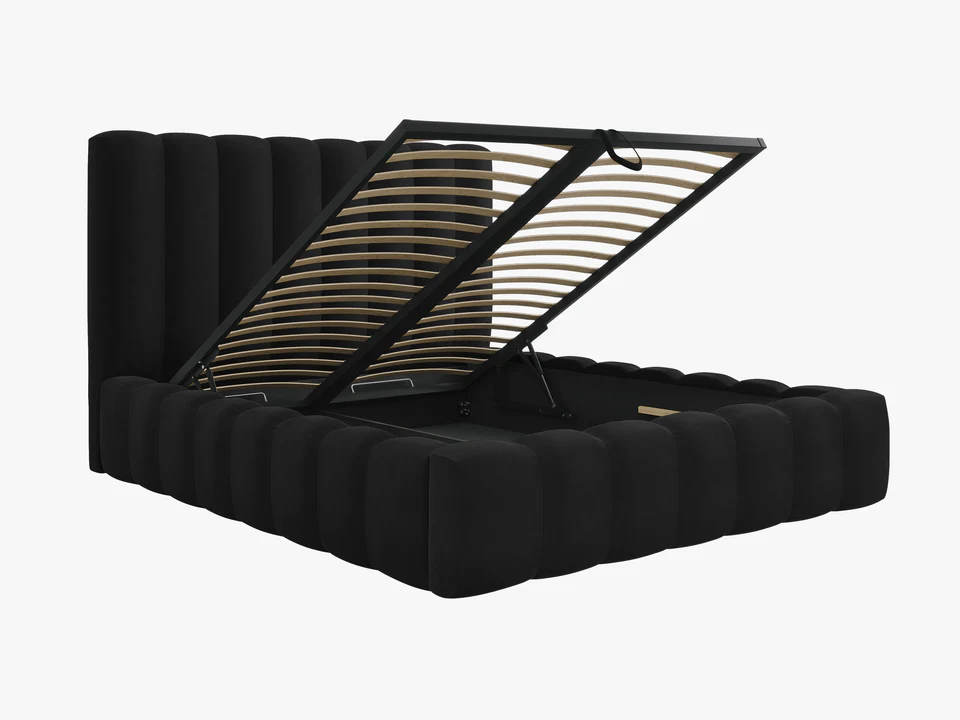 ŁÓŻKO Kelp tapicerowane, pionowe przeszycia, falista krawędź, czarna tkanina, designerski styl, premium ŁÓŻKO Kelp tapicerowane, pionowe przeszycia, falista krawędź, czarna tkanina, designerski styl, premium