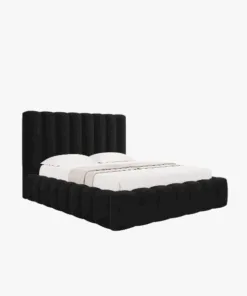 ŁÓŻKO Kelp tapicerowane, pionowe przeszycia, falista krawędź, czarna tkanina, designerski styl