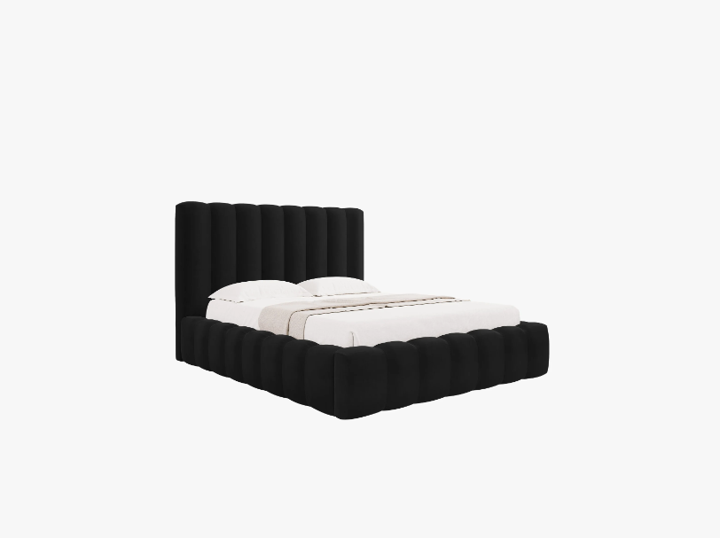 ŁÓŻKO Kelp tapicerowane, pionowe przeszycia, falista krawędź, czarna tkanina, designerski styl ŁÓŻKO Kelp tapicerowane, pionowe przeszycia, falista krawędź, czarna tkanina, designerski styl