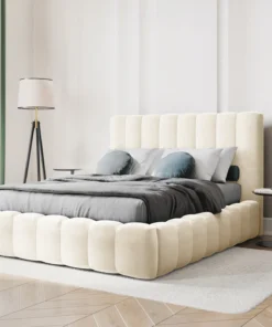 ŁÓŻKO Kelp tapicerowane, pionowe przeszycia, falista krawędź, jasnobeżowa tkanina, designerski styl, do sypialni
