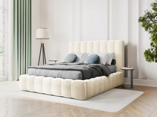 ŁÓŻKO Kelp tapicerowane, pionowe przeszycia, falista krawędź, jasnobeżowa tkanina, designerski styl, do sypialni