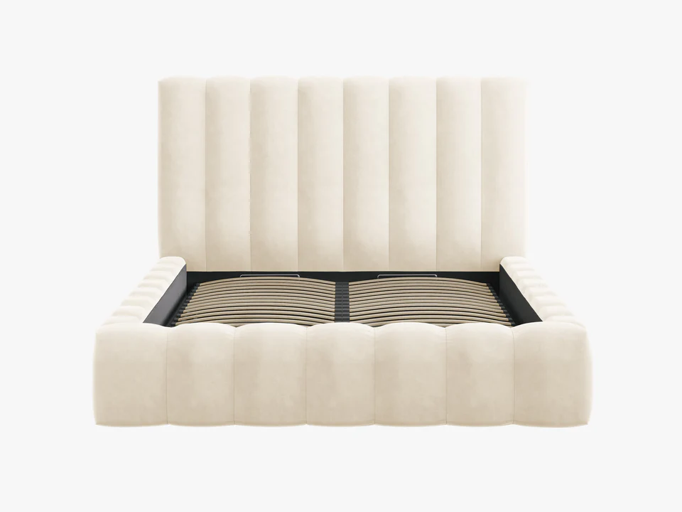 ŁÓŻKO Kelp tapicerowane, pionowe przeszycia, falista krawędź, jasnobeżowa tkanina, designerski styl, ekskluzywne ŁÓŻKO Kelp tapicerowane, pionowe przeszycia, falista krawędź, jasnobeżowa tkanina, designerski styl, ekskluzywne