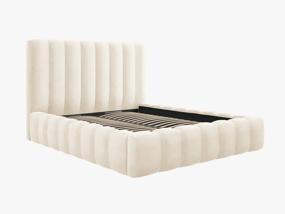 ŁÓŻKO Kelp tapicerowane, pionowe przeszycia, falista krawędź, jasnobeżowa tkanina, designerski styl, piękne ŁÓŻKO Kelp tapicerowane, pionowe przeszycia, falista krawędź, jasnobeżowa tkanina, designerski styl, piękne