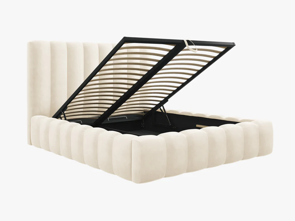 ŁÓŻKO Kelp tapicerowane, pionowe przeszycia, falista krawędź, jasnobeżowa tkanina, designerski styl, premium ŁÓŻKO Kelp tapicerowane, pionowe przeszycia, falista krawędź, jasnobeżowa tkanina, designerski styl, premium