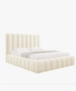 ŁÓŻKO Kelp tapicerowane, pionowe przeszycia, falista krawędź, jasnobeżowa tkanina, designerski styl