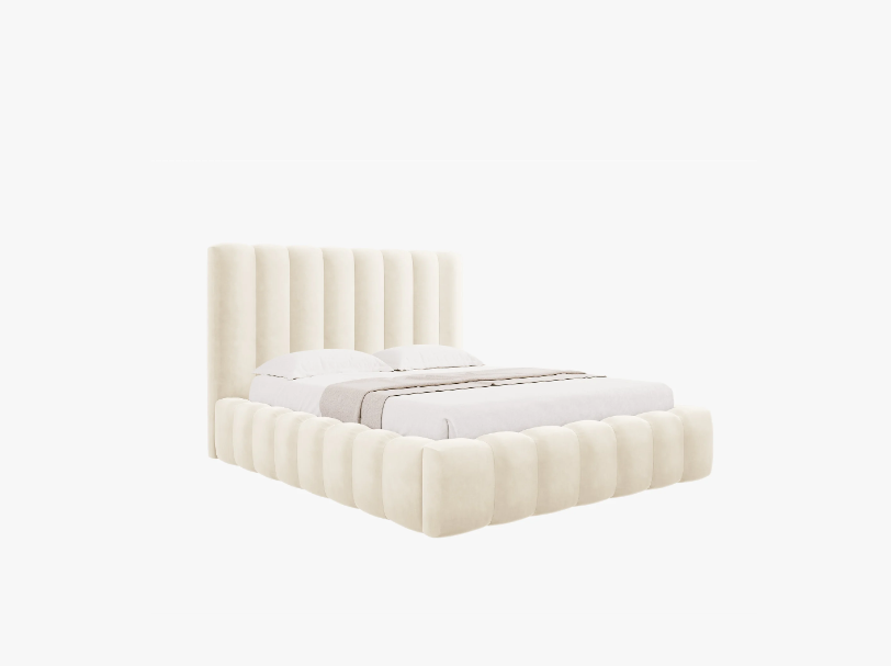 ŁÓŻKO Kelp tapicerowane, pionowe przeszycia, falista krawędź, jasnobeżowa tkanina, designerski styl ŁÓŻKO Kelp tapicerowane, pionowe przeszycia, falista krawędź, jasnobeżowa tkanina, designerski styl