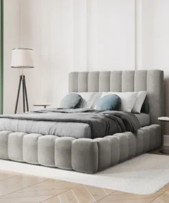 ŁÓŻKO Kelp tapicerowane, pionowe przeszycia, falista krawędź, jasnoszara tkanina, designerski styl, do sypialni