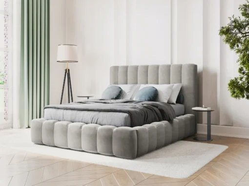 ŁÓŻKO Kelp tapicerowane, pionowe przeszycia, falista krawędź, jasnoszara tkanina, designerski styl, do sypialni