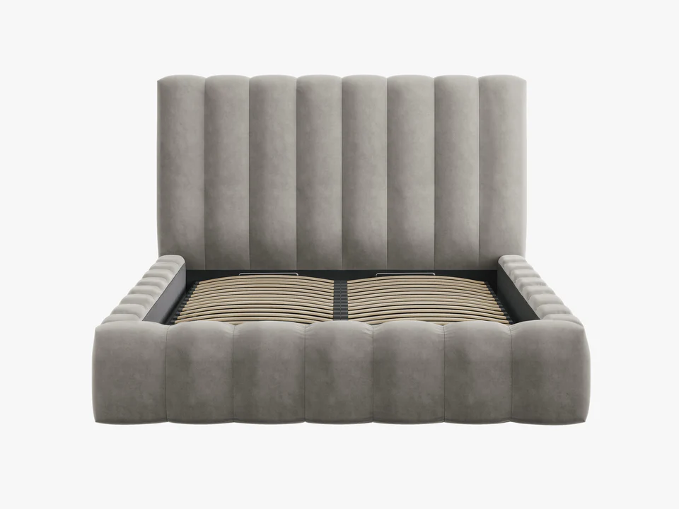 ŁÓŻKO Kelp tapicerowane, pionowe przeszycia, falista krawędź, jasnoszara tkanina, designerski styl, ekskluzywne ŁÓŻKO Kelp tapicerowane, pionowe przeszycia, falista krawędź, jasnoszara tkanina, designerski styl, ekskluzywne