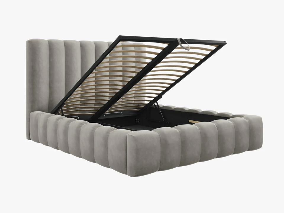 ŁÓŻKO Kelp tapicerowane, pionowe przeszycia, falista krawędź, jasnoszara tkanina, designerski styl, premium ŁÓŻKO Kelp tapicerowane, pionowe przeszycia, falista krawędź, jasnoszara tkanina, designerski styl, premium