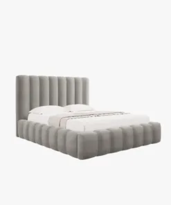 ŁÓŻKO Kelp tapicerowane, pionowe przeszycia, falista krawędź, jasnoszara tkanina, designerski styl