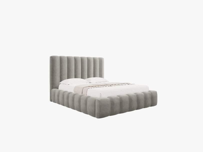 ŁÓŻKO Kelp tapicerowane, pionowe przeszycia, falista krawędź, jasnoszara tkanina, designerski styl ŁÓŻKO Kelp tapicerowane, pionowe przeszycia, falista krawędź, jasnoszara tkanina, designerski styl