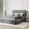 ŁÓŻKO Kelp tapicerowane, pionowe przeszycia, falista krawędź, szara tkanina, designerski styl, do sypialni