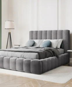 ŁÓŻKO Kelp tapicerowane, pionowe przeszycia, falista krawędź, szara tkanina, designerski styl, do sypialni