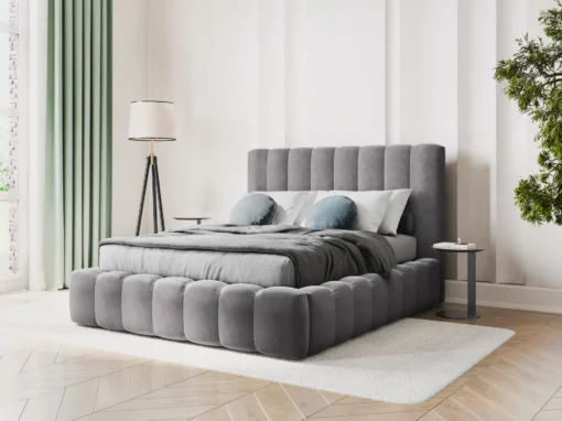 ŁÓŻKO Kelp tapicerowane, pionowe przeszycia, falista krawędź, szara tkanina, designerski styl, do sypialni